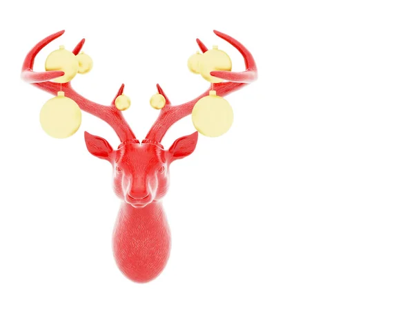 Une tête de cerf rouge avec des jouets de Noël sur les bois. Fond blanc. Concept festif. rendu 3D — Photo