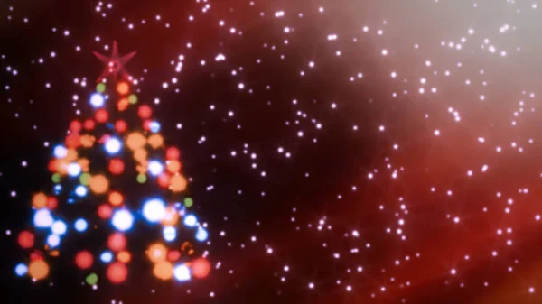 Un árbol de Navidad abstracto. Bokeh de color. Gradiente, fondo rojo con estrellas. Colores saturados. Concepto de un árbol de Navidad espacial. Dip focus, imagen borrosa. Renderizado 3D. — Foto de Stock