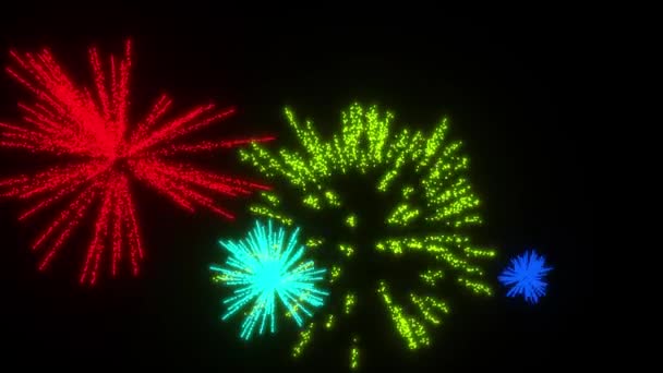 Computergegenereerde animatie van veelkleurig vuurwerk met een gloeiend effect op zwarte achtergrond. Leuke videoclip. 3D-animatie. — Stockvideo