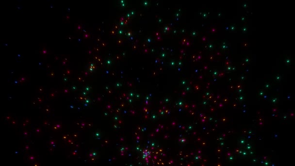 Multicolored particles fly in different directions from the same point forming bright patterns in dark space. The concept of space and time. 3D animation — стоковое видео