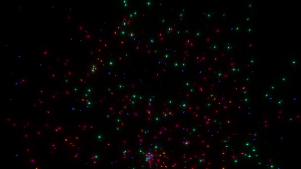 Multicolored particles fly in different directions from the same point forming bright patterns in dark space. The concept of space and time. 3D animation — Vídeos de Stock