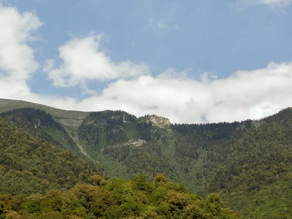 Une chaîne de montagnes verdoyantes avec des roches boisées contre un ciel bleu et des nuages. Vallée de montagne un jour d'été — Photo