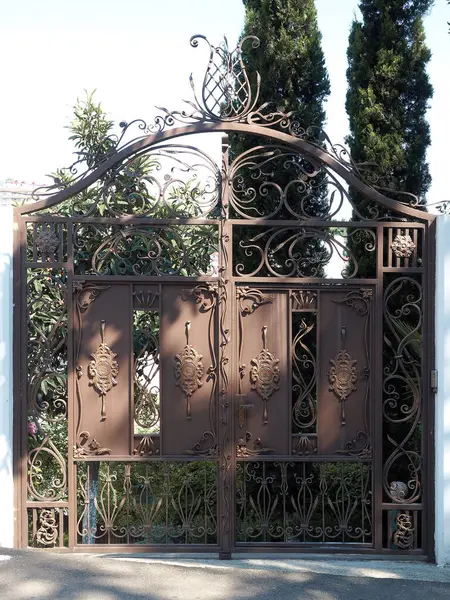 High iron gates with a decorative forged pattern enclose private area with green vegetation and arborvitae in the yard