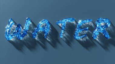 Gri-mavi arka plandaki sıvı bir maddeden parlak mavi bir kelime. Ön manzara. 3d oluşturma
