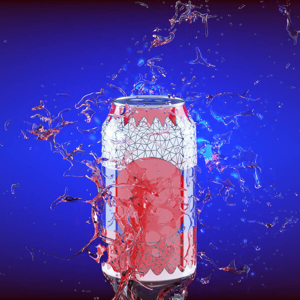 Patterned tin can in bright splashes of water on a blue background. Front view. 3d rendering.