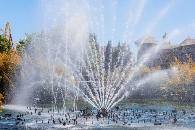 Güneşli bir günde eğlence parkındaki bir göletten fışkıran fıskiye fıskiyeleri