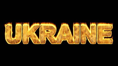 Ukrayna kelimesi yanıyor. Metal harfler. Siyah arka plan. 3B görüntüleme
