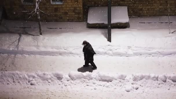 Ηλικιωμένη Γυναίκα Που Περπατάει Στο Χιονισμένο Δρόμο — Αρχείο Βίντεο