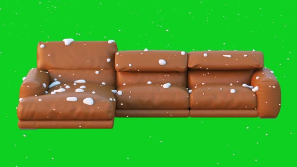 茶色の革製のソファーが雪の層で満たされています 緑色の背景に大雪が降りました あらゆる天候の質材料の概念 カメラはまだ残っている 3Dアニメーション — ストック動画