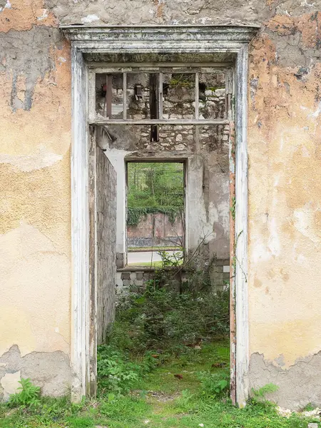 Doorway of an overgrown abandoned building. Overgrown abandoned building