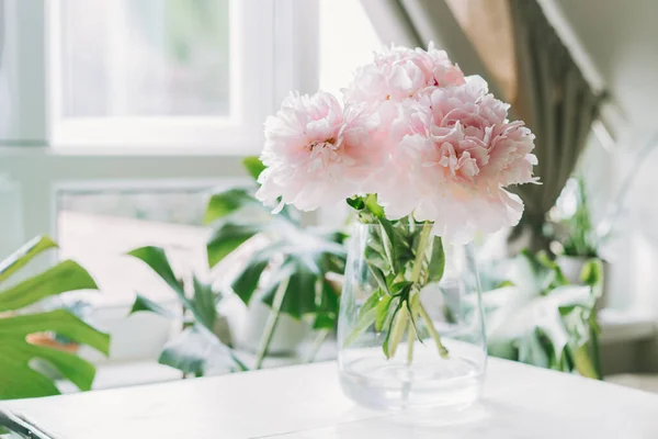흰색 식탁에는 부드럽고 연한 분홍빛 꽃이 피고, 내부에는 몬 스타라 빛이 감도는 비오 필 릭 한 꽃이 핀다. 꽃을 선물로 주는 거야. Mockup for greeting card design. — 스톡 사진