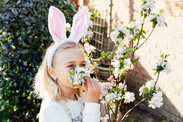 Очаровательная блондинка в костюме кролика нюхает цветущую ветку дерева на открытом воздухе в весенний день. Ребенок веселится на пасхальных яйцах в саду. Селективный фокус — стоковое фото