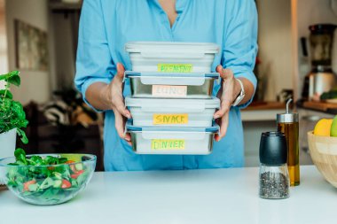 Kilo vermek için sağlıklı bir diyet planı, günlük hazır yemek menüsü. Elinde beslenme çantası olan kadın az önce pişmiş, servis edilmeye hazır. İçinde sağlıklı yiyecek olan konteynırlar. Pişirme öncesi konsept. Seçici odak.