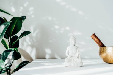 Dekoratif beyaz Buda heykelciği, yeşil bitki ve beyaz arka planda güneş ışığı gölgeli Tibet şarkı kasesi. Meditasyon ve rahatlama ayini. Egzotik masaj. Minimalizm. Boşluğu kopyala.