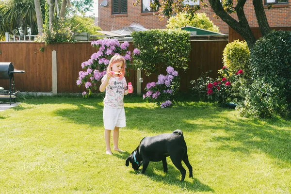 Niña soplando burbujas de jabón y jugando con el perro en un césped verde en el jardín. Divertirse con animales domésticos. Concepto de animales de amor. Vacaciones escolares en casa. Enfoque selectivo — Foto de Stock
