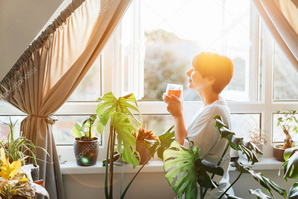 Side view woman drinking tea and looking at the sunrise or sunset while standing at the window in a room with green house plants, enjoying the moment. Relaxing and self-care, personal fulfillment