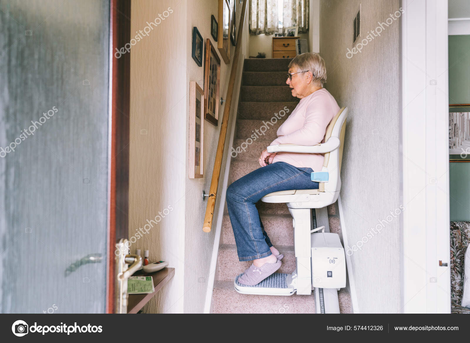 Senior Woman Using Automatic Stair Lift Staircase Her Home Medical