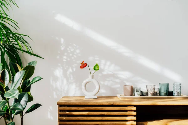 Modern minimalist Scandinavian style interior. Nordic ceramic vase with red Anthurium flower, candles on a wooden console. Green house plants in pots under sunlight and shadows on a white gray wall