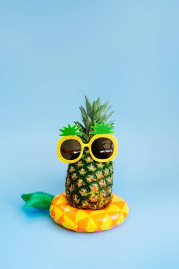 Mavi dikey arkaplanda sarı şişirilebilir yüzüğün üzerinde ananas şeklindeki güneş gözlüğündeki komik ananas. Plaj atmosferinde tropikal bir yaz. Egzotik meyveler. Tatil tatili yaratıcı kavramı
