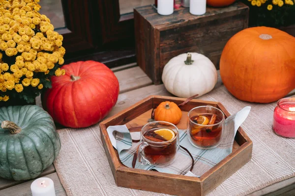 Wooden Tray Spiced Tea Porch House Decorated Pumpkins Flowers Candles — Stok fotoğraf