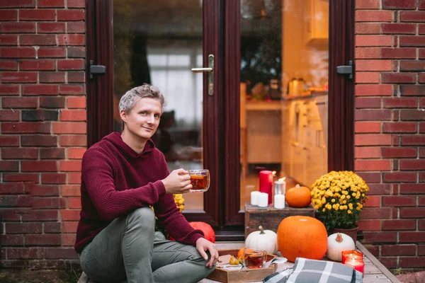 Portrait Young Man Hot Tea Sitting Porch His Home Cozy — 스톡 사진
