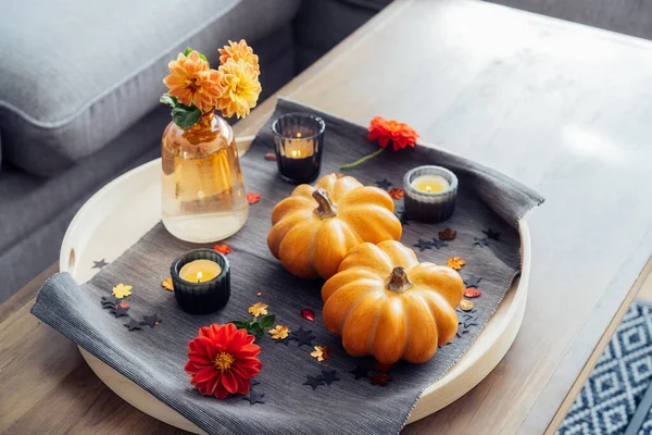 Autumn Fall Cozy Mood Composition Hygge Home Decor Small Pumpkins — Stockfoto