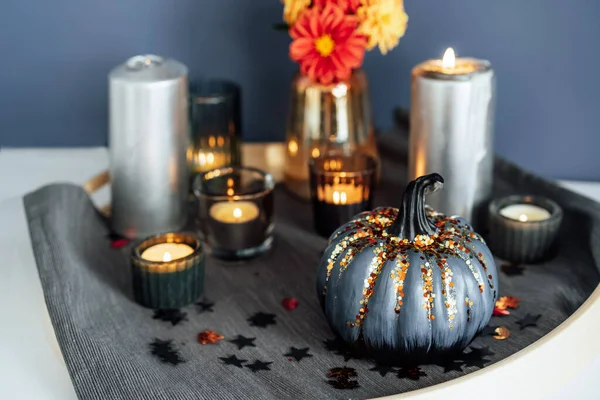 Autumn Cozy Mood Composition Home Decoration Gray Pumpkin Sequins Burning —  Fotos de Stock