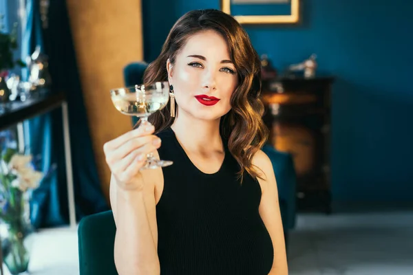Portrait Posh Elegant Woman Evening Dress Glass Champagne Luxury Interior — 스톡 사진