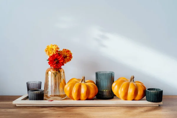 Autumn Fall Cozy Composition Orange Pumpkins Candles Dahlia Flowers Vase — Stockfoto