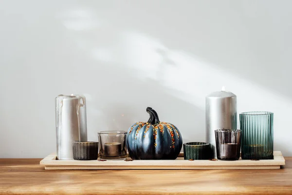 Autumn Fall Cozy Composition Gray Pumpkin Sequins Burning Candles Wooden — Stockfoto
