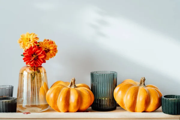 Autumn Fall Cozy Composition Orange Pumpkins Candles Dahlia Flowers Vase — Stock Photo, Image