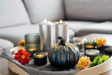 Autumn cozy mood composition for hygge home decor. Gray pumpkin with sequins, candles and fresh dahlia flowers on the tray with gray napkin on the coffee table in the living room. Selective focus.