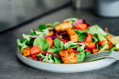 Healthy salad with roasted tempeh, fresh cherry tomatos, beetroot straws, spinash and lettuce leaves on plate. Tempeh is fermented soy bean. Plant based protein. Healthy Cooking and eating. Go vegan.