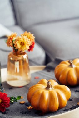 Autumn, fall cozy mood composition for hygge home decor. Orange pumpkins, candles, dahlia flowers on the tray with gray napkin on the coffee table in the living room. Vertical card. Selective focus.