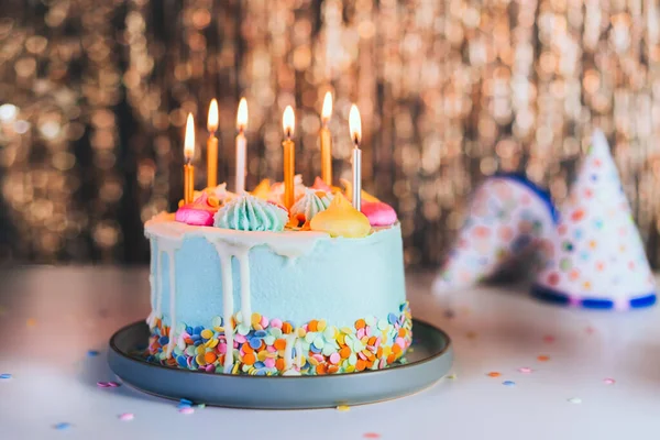 Colorful Birthday Cake Sprinkles Burning Candles Festive Caps Sparkling Gold — Foto Stock