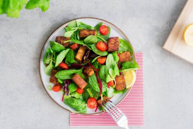 Top view healthy salad with roasted tempeh, cherry tomato, beetroot straws, spinash and lettuce leaves on plate. Tempeh is fermented soy bean. Plant based protein. Healthy Cooking, eating. Go vegan