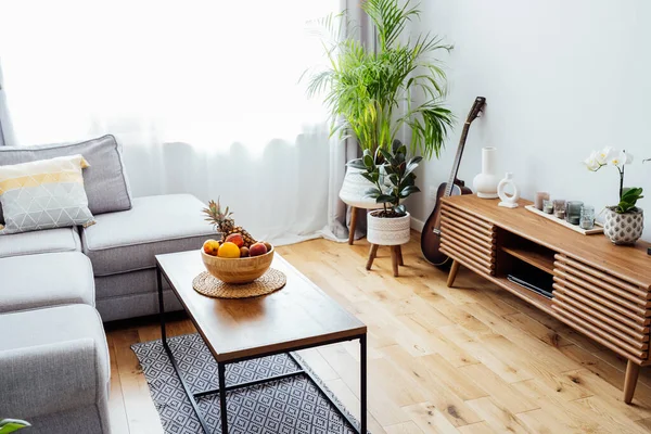 Stylish and modern scandinavian interior of open space living room with bamboo bowl with fruits on the coffee table, gray couch sofa, and many green plants. Biophilia. Open space home interior design.