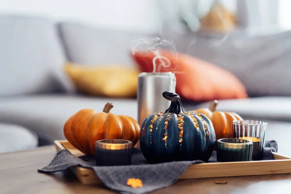 Autumn Cozy Composition Hygge Home Decor Orange Gray Pumpkins Just — Stock Photo, Image