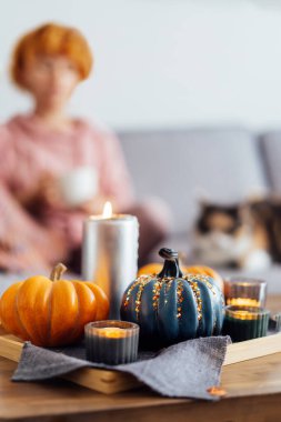 Autumn, fall cozy mood composition for hygge home decor. Small pumpkins, burning candles on tray with gray napkin on the coffee table with resting woman with cat in the living room. Selective focus