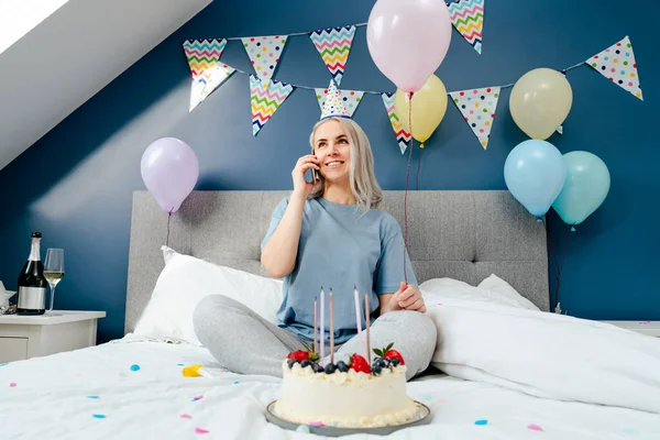 Happy Emotional Woman Pajama Party Cap Talking Phone Birthday Morning — Stockfoto