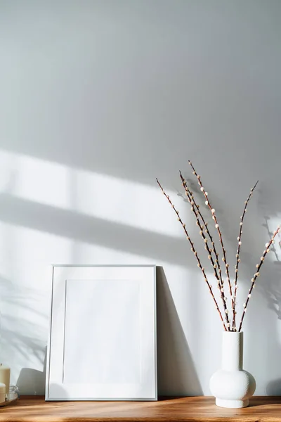 Modern Minimalist Style Interior White Poster Mockup Candles Blooming Branches — Fotografia de Stock