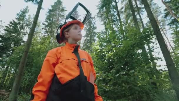 Retrato de uma madeireira em pé na floresta, uma jovem especialista em equipamentos de proteção. — Vídeo de Stock