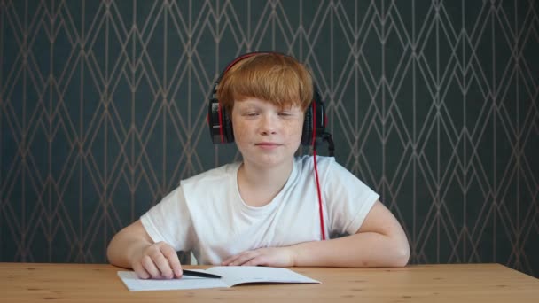 Homeschooling online by videocall, red-haired boy sitting at workplace in living room and uses a webcam to study in self-isolation at home, the boy writes in a notebook. — Stock Video