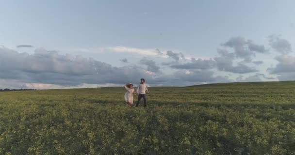 Platteland, een paar vrolijke mensen ontspannen in de natuur, een man en een vrouw rennen door een veld van koolzaad hand in hand, uitzicht vanaf de hoogte. — Stockvideo
