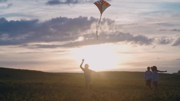Familj utomhus rekreation, en pojke med sina föräldrar som springer genom fältet lanserar en drake, en ung familj i naturen, solnedgång tid, 4k slow motion. — Stockvideo