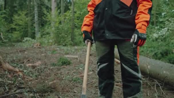 Junge Holzfällerin steht im Wald, eine junge Fachfrau in Schutzausrüstung hält eine Axt in der Hand und arbeitet an der Entwaldung. — Stockvideo