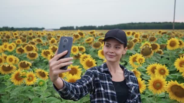 Campagna, contadina femmina in piedi in un campo di girasoli e scatta foto selfie su uno smartphone, indagando le piante, 4k rallentatore. — Video Stock