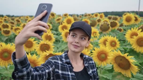 Vrouwelijke boer staat in een veld van zonnebloemen en neemt selfie foto 's op een smartphone, het onderzoeken van planten, 4k slow motion. — Stockvideo