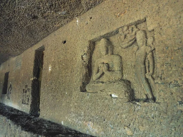 Snijden Kanheri Boeddhistische Grotten Mumbai Maharashtra — Stockfoto