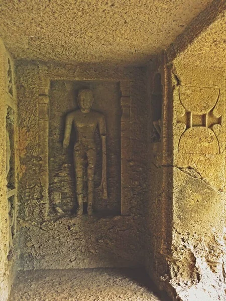 Escultura Cavernas Budistas Kanheri Mumbai Maharashtra — Fotografia de Stock